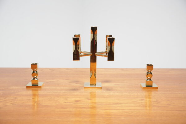 Swedish Mid Century Brutalist Solid Brass Candelabra and Candlesticks, 1970/90s.
