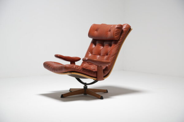 Tan Leather Swivel Armchair by Göte Möbler, Sweden, 1970s.