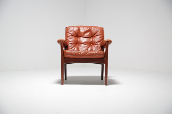 Vintage Tan Leather and Teak Armchair by Gote Mobler, Sweden, 1950s.