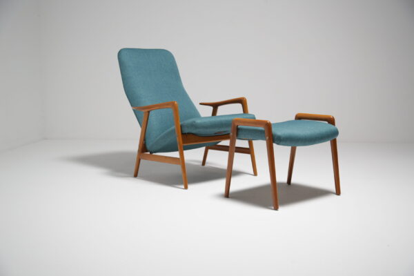 Vintage Teak and Teal Reclining Lounge Armchair "Kontour" by Alf Svensson for Dux, Sweden, 1950s.