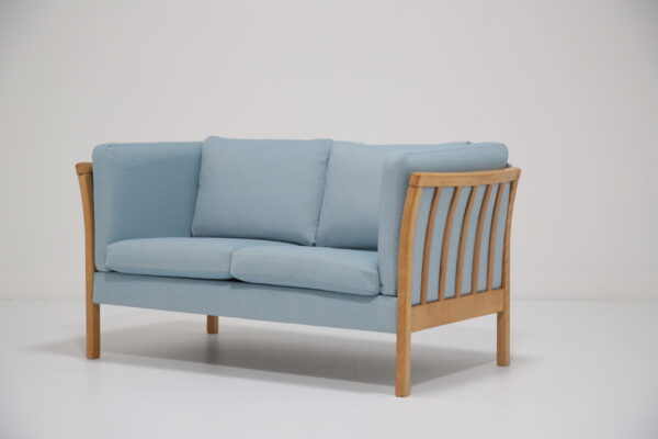 Stouby: Danish Two-Seat Sofa in Solid Oak & Light Blue Velvet, Denmark, 1970s