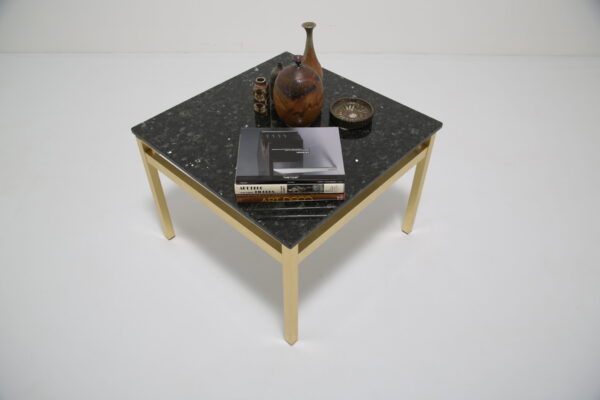 Hollywood Regency Square Coffee Table: Polished Black Granite & Brass Frame, 1970s
