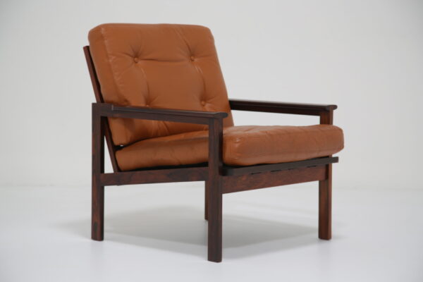 Vintage Danish Tan Leather and Rosewood Armchair "Capella" by Illum Wikkelso, 1950s.