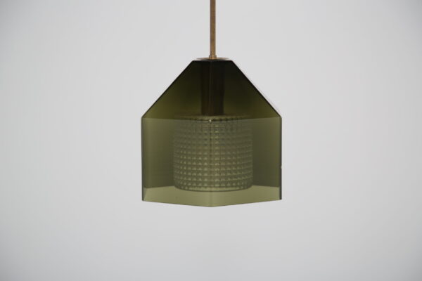 Swedish Green With Clear Glass and Brass Pendant Light by Carl Fagerlund for Orrefors, 1960s.