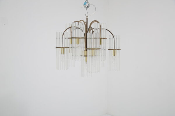 Mid Century Modern Brass and Glass Rod Chandelier by Gaetano Sciolari for Lightolier, Italy, 1970s