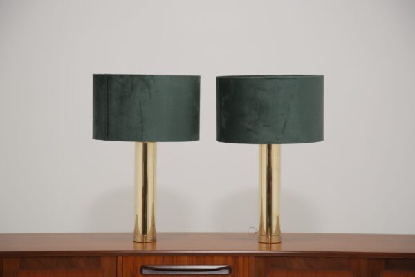 Bergboms B-010: Pair of Minimalist Cylindrical Solid Brass Table Lamps, Sweden, 1960s