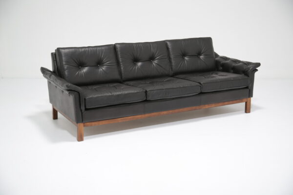 Vintage Winged Black Leather Buttoned Three Seat Sofa, 1960s.