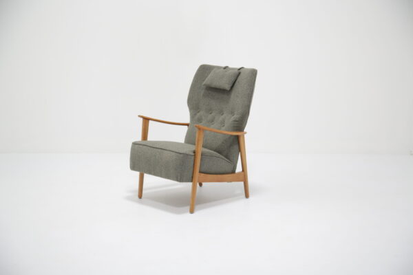 Vintage Green Bouclé and Oak Armchair by Folke Ohlsson for Dux, Sweden, 1950s.