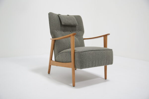 Vintage Oak Armchair Upholstered in Green Bouclé by Folke Ohlsson for Dux, Sweden, 1950s.