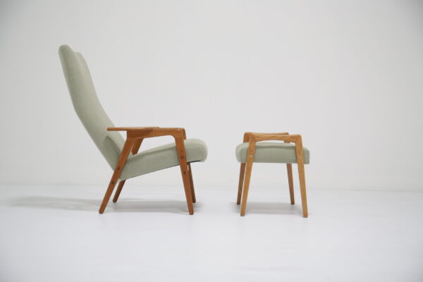 Vintage Swedish Oak Lounge Chair + Footstool by Yngve Ekstrom for Pastoe, 1950s.
