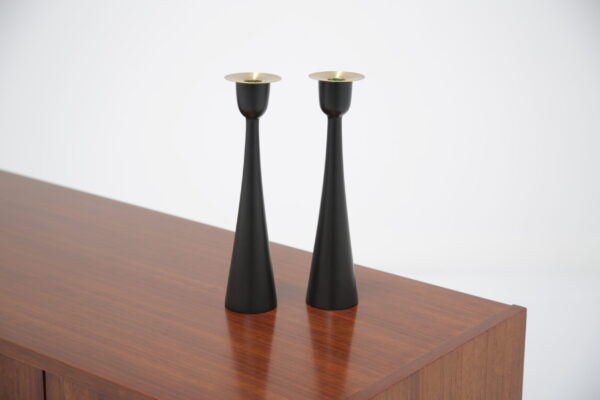 Vintage Pair of Black Wooden Candlesticks with Brass Tops, Sweden, 1960s.