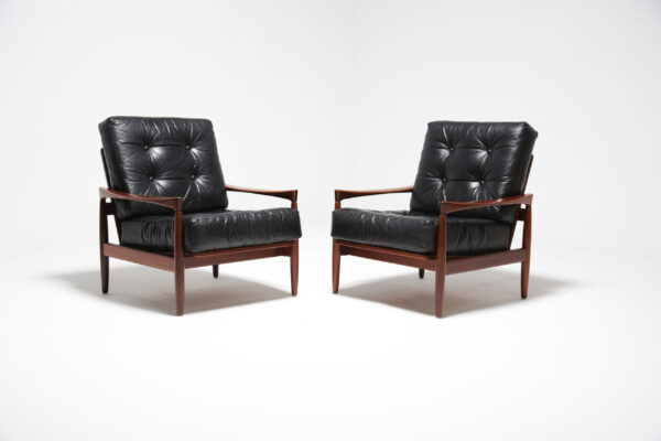 Erik Wortz Danish Armchairs, Teak and Black Leather, 1960s.