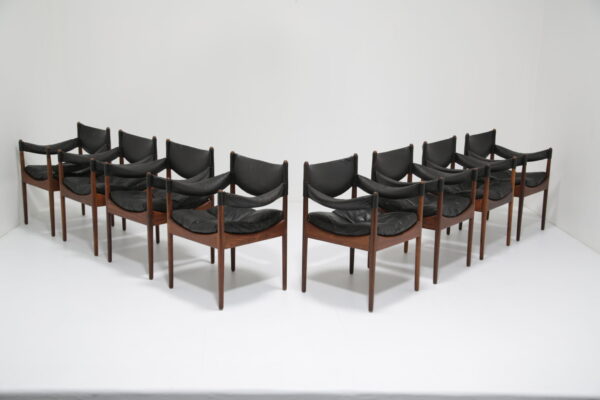 Kristian Vedel 'Modus' Dining Chairs: Set of 8 Rare Rosewood & Black Leather Chairs for Søren Willadsen, Denmark, 1960s