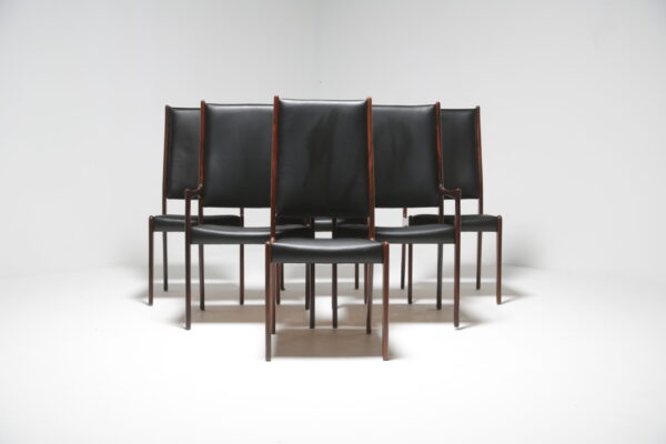 Johannes Andersen Dining Chairs: Set of 6 Exemplary High-Back Rosewood & Black Leather Dining Chairs for Mogens Kold, Denmark, 1960s