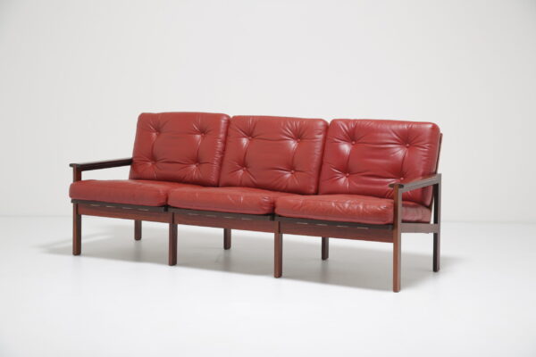 Illum Wikkelsø for Niels Eilersen: 'Capella' Three-Seat Sofa in Figured Rosewood & Red Leather, Denmark, 1960s